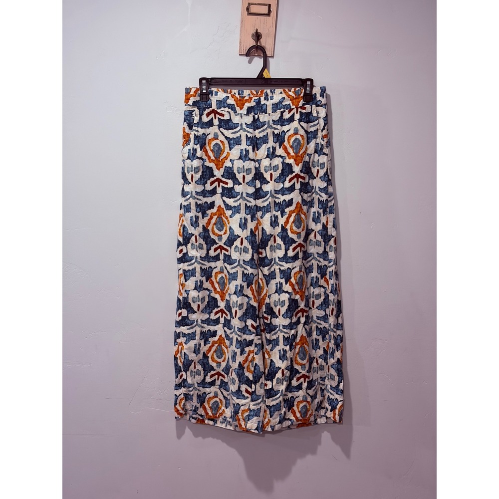 Christian Siriano New York Ikat Print Wide Leg Linen Blend Pants Blue Orange M